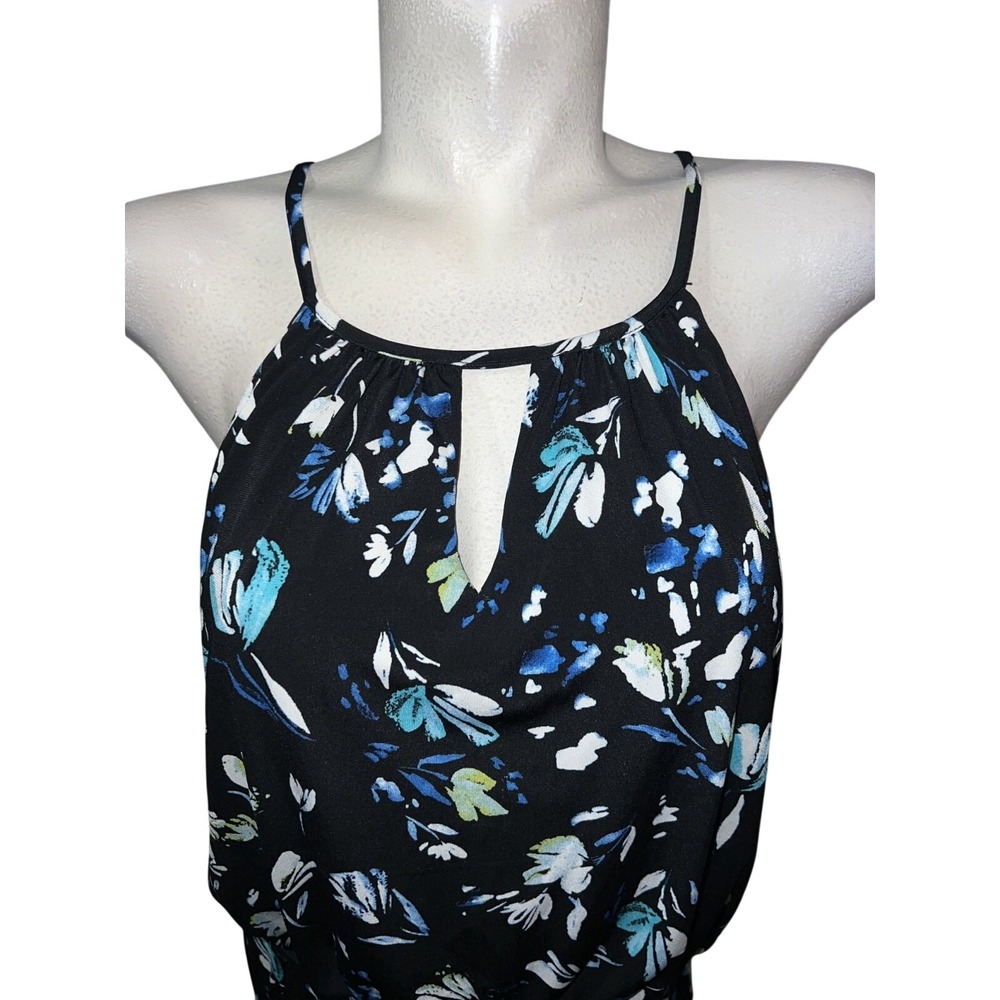 London Times Womens Size 16 Black Blue Floral Halter Keyhole Jumpsuit Wide Leg - Picture 2 of 8